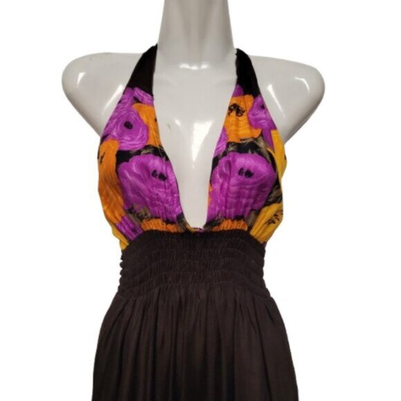 Halter Colorful Dress Summer Halter Dress in Purple and Orange Floral Print - Picture 3 of 16